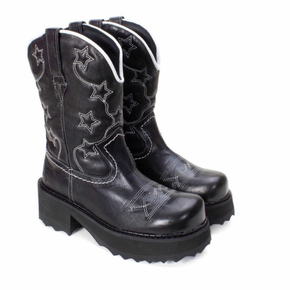 John Fluevog Black Western Star Embroidered Boots